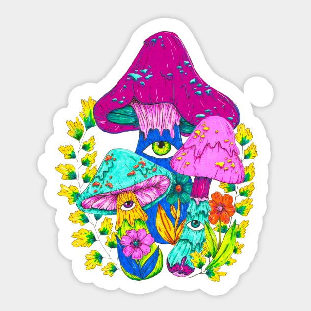 Vintage Aesthetic Trippy Mushrooms Sticker by rosiemoonart